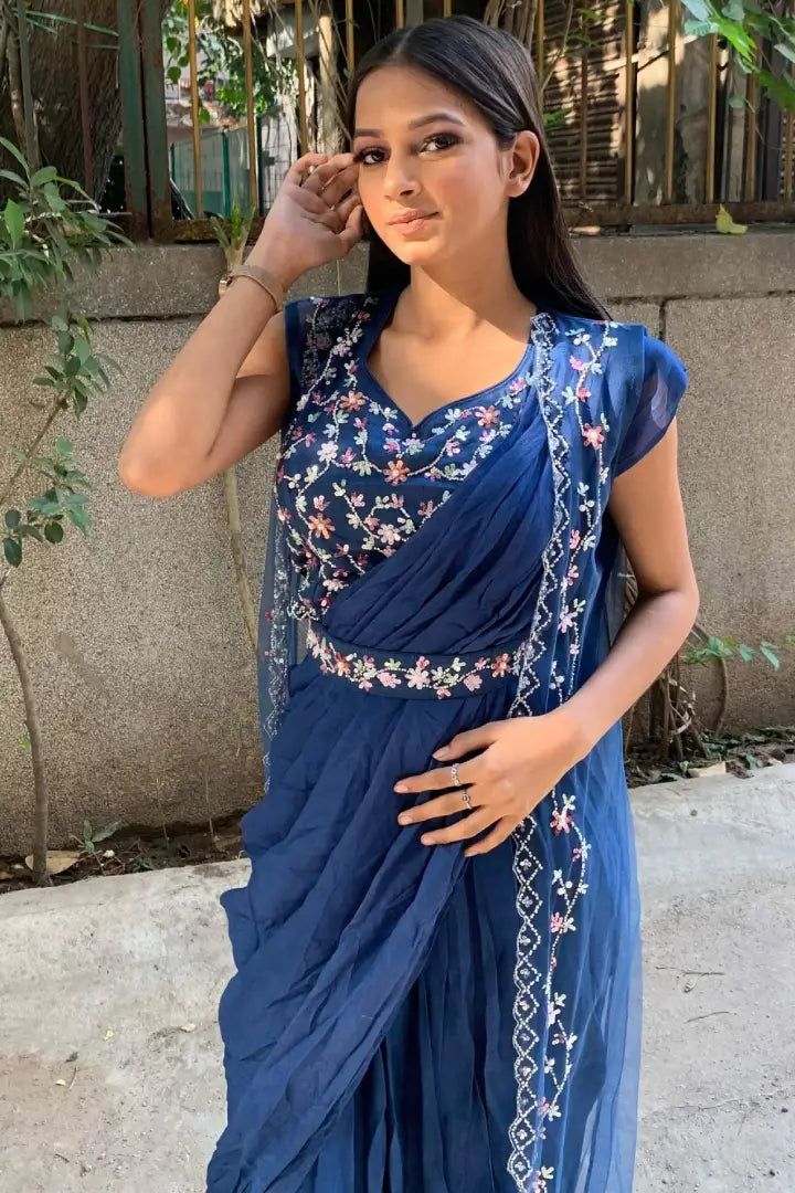 Buy Blue Saree Georgette Hand Cocktail Pre-draped With Blouse For Women by  Pritika Vora Online at Aza Fashions.
